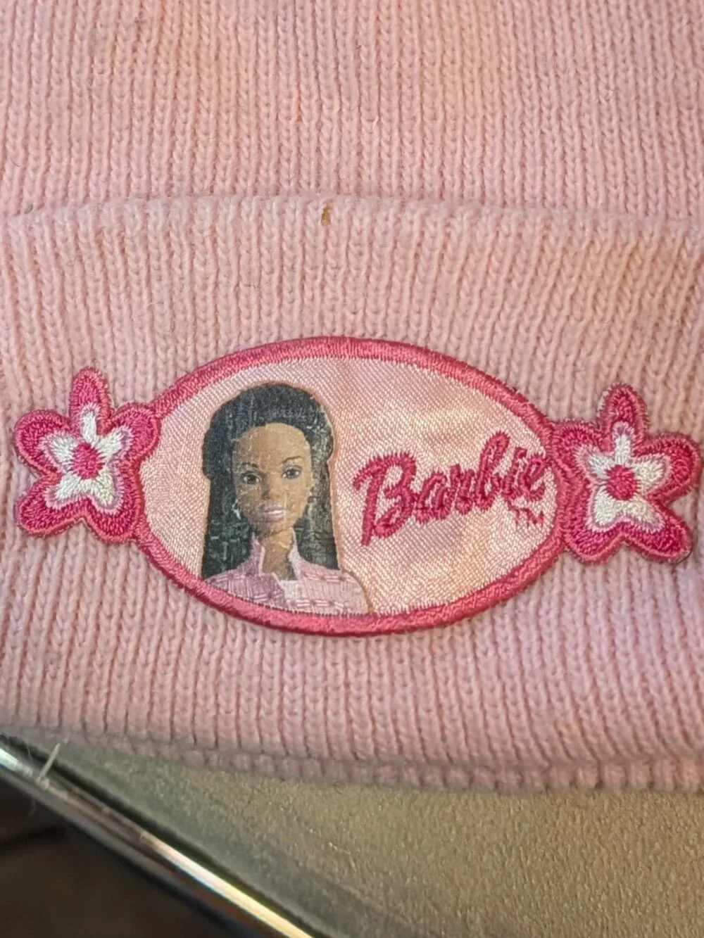 Pink Barbie Patch Cuffed Knit Beanie
